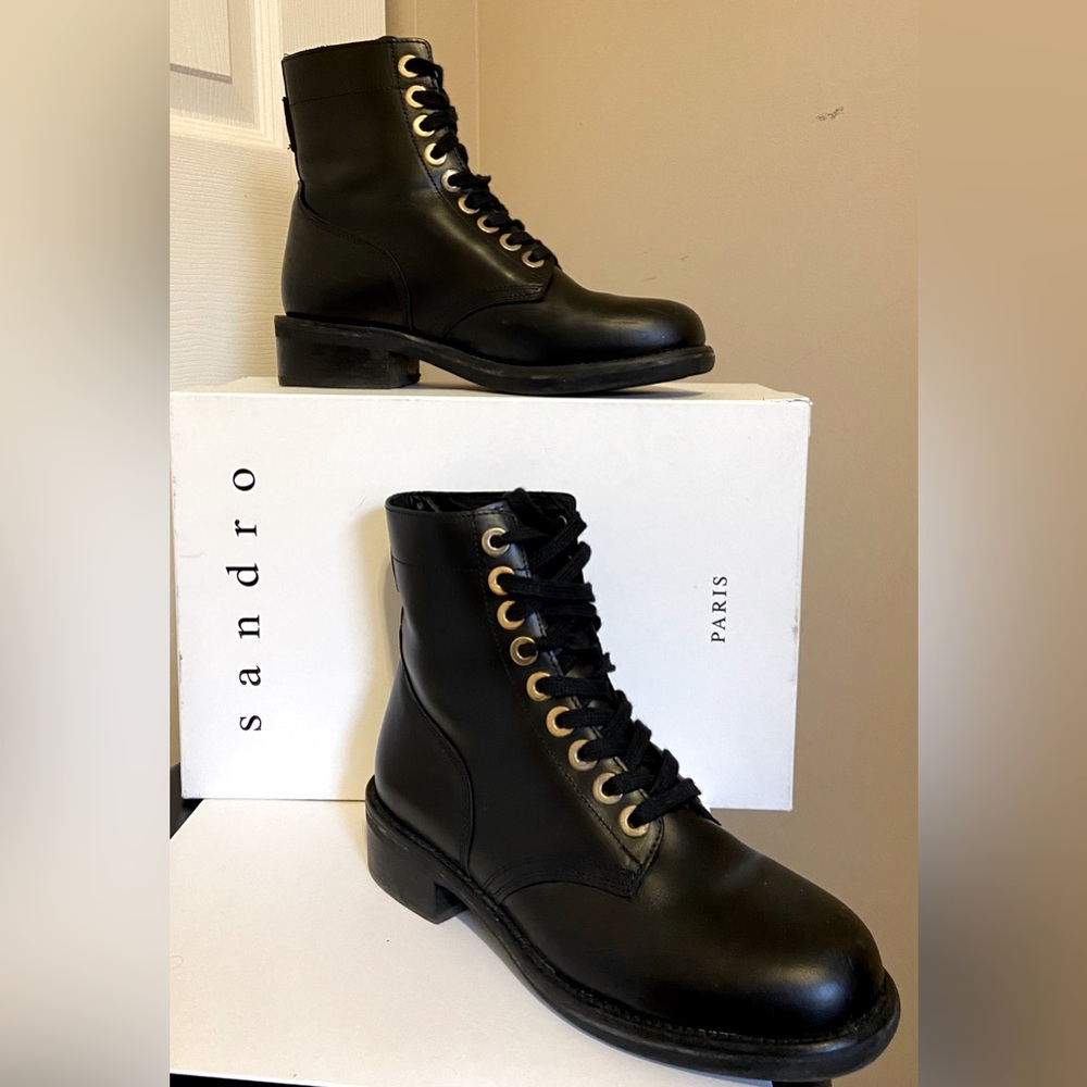 Sandro black leather combat lace-up boots